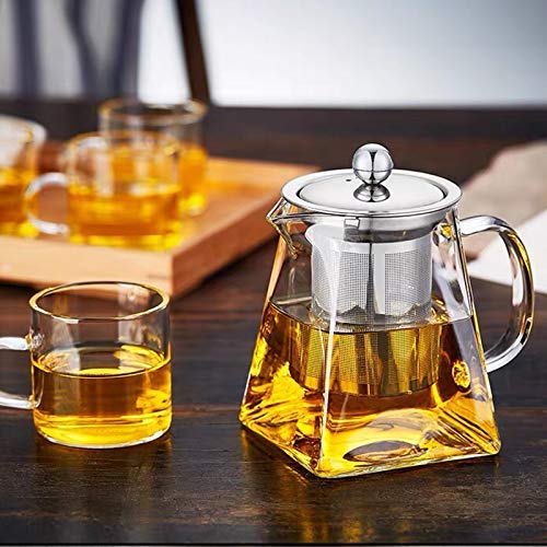AZSCYN 550ML/18OZ Square Glass Teapot with Heat Resistant Stainless Steel Infuser Perfect for Tea and Coffee, Clear Leaf Teapot with Strainer Lid gift for your family or friends (550ML)