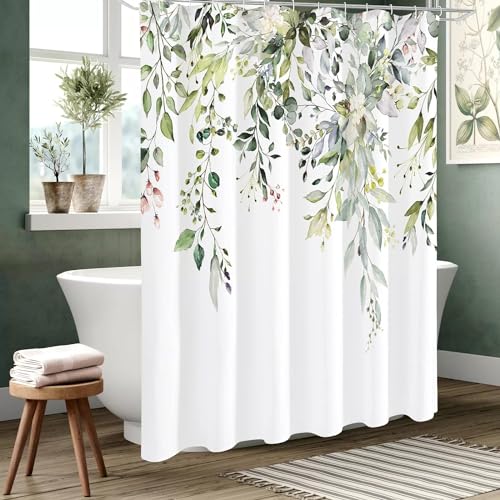 Green Eucalyptus Shower Curtain, Bathroom Curtain Waterproof Anti-Mold Fashion Curtain Watercolor Leaves on The Top Plant with Floral Bathroom Decoration Shower Curtain Sets (180 * 180CM) with Hooks