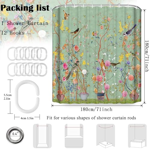 Shower Curtain Green Mould Proof Resistant Waterproof Bird Floral Bathroom Curtains with 12 hooks Quick-Drying Weighted 180x180cm (71x71Inch) Polyester Shower Curtains for Bathroom Wet Room Tub