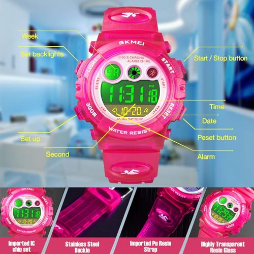 KASTWAVE Kids Digital Sport Watch for Boys Girls, Kid Waterproof Electronic Multi Function Casual Outdoor Watches, 7 Colorful LED Luminous Alarm Stopwatch Wristwatch, Pink