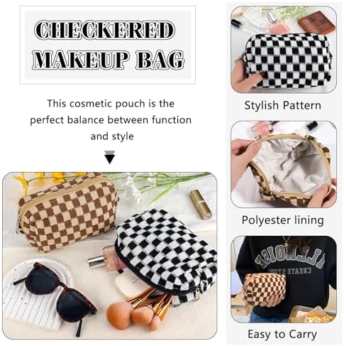 ZLFSRQ 3Pcs Checkered Makeup Bag for Women Large Cosmetic Bag Set Travel Toiletry Bag Makeup Pouch Bag for Purse Pink Zipper Storage Bag Organizer Cute Small Aesthetic Girls Car Essentials Bag