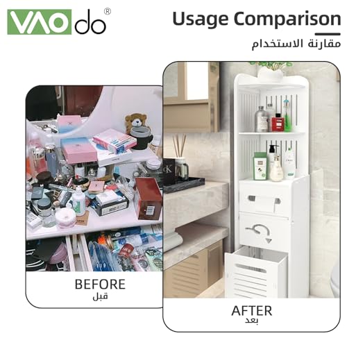 VAODO Bathroom Multi-Level Corner Cabinet, Standing Freestanding Bathroom Storage Cupboard,Bathroom Toilet Paper Holder, Organize Shelf, with Trash Can, Small（90cm Tall, Trash Can）