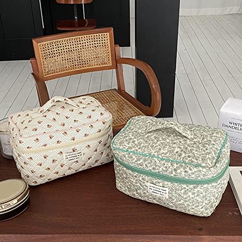 Juoxeepy Cotton Makeup Bag Large Travel Cosmetic Bag Quilted Cosmetic Pouch Coquette Aesthetic Floral Toiletry Bag, A-White, 10x5.9x5.3in