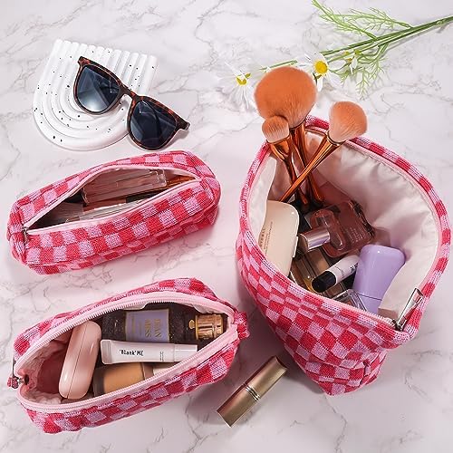 ZLFSRQ 3Pcs Checkered Makeup Bag for Women Large Cosmetic Bag Set Travel Toiletry Bag Makeup Pouch Bag for Purse Pink Zipper Storage Bag Organizer Cute Small Aesthetic Girls Car Essentials Bag