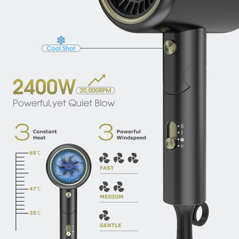 Oxsaytee 2400W Hair Blow Dryer with Diffuser, Foldable Mini Travel Hair Dryer, Ionic Hair Dryer With Storage Bag Bow Dryer for Curly Hair Fast Drying For Home Salon Travel (Black)