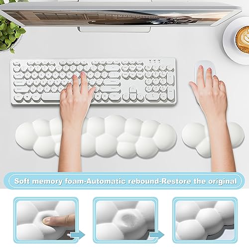 Leolee Keyboard Cloud Wrist Rest & Mouse Wrist Rest Set, White Cloud Wrist Rest w/ Leather Surface Non-Slip Base Cloud Palm Rest Relieve Wrist & Arm Pain PC Gaming/Office/Computer/Laptop(CD001)