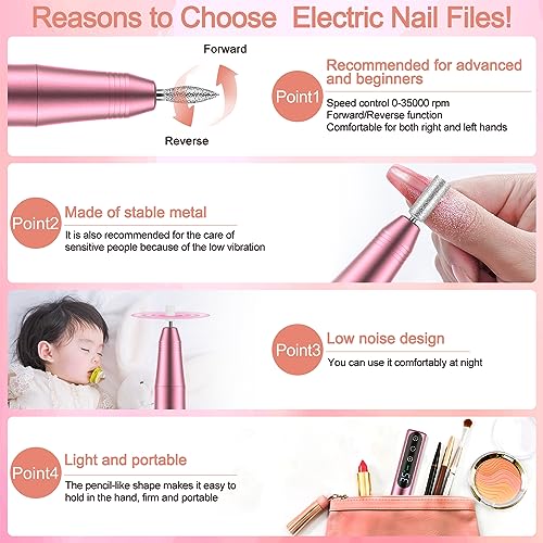 NAILGIRLS Rechargeable Cordless Nail Drill Machine, Portable Electric Nail Drill 35000RPM Professional Electric Nail File for Acrylic Gel Nails, Efile Manicure Pedicure Polishing,Pink