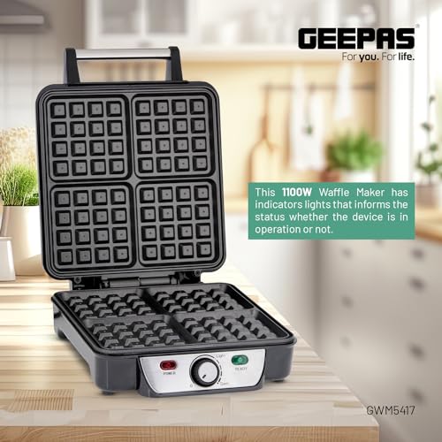 Geepas GWM5417 Electric Waffle Maker 1100W- 4 Slice Non-Stick Electric Belgian Waffle Maker with Adjustable Temperature Control