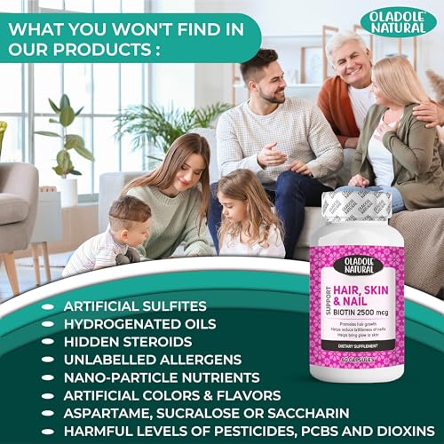 Oladole Natural Biotin 2500mcg - 60 Capsules | High Potency B Vitamin Blend For Stronger Hair, Radiant Skin, Long Nails, Supports Energy Beauty Support | Gluten-Free, Non-GMO