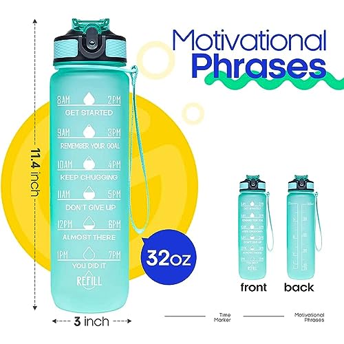 Sport Water Bottle 1L / 32oz with Motivational Time Marker Straw Strainer Tritan Plastic BPA Free Bottles for kids Fitness Gym Office Outdoor School Sports and Exercise Leak Proof (Green & Purple)