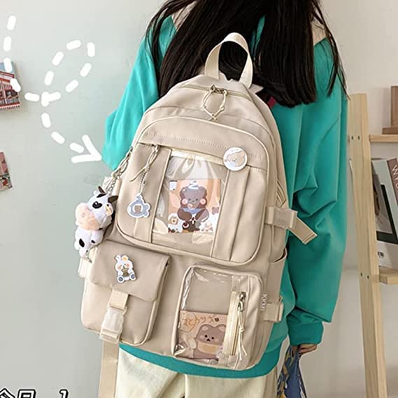 TOMVAES Backpack with Cute Pin Accessories Plush Pendant Kawaii School Backpack Cute Aesthetic Backpack large capacity high school backpack