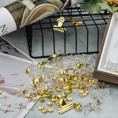 ZELLYA 310 Pcs Push Pins Set, Thumb Tacks Decorative Push Pins Map Head Pin for Cork Board with Push Pin Hook Pushpin Clip, 5 Style Office Accessories for Cork Board Map Office (Gold)