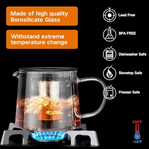 Azonee Glass Teapot With Removable Infuser, Heatproof Borosilicate Tea Maker, Stovetop Safe Kettle for Loose and Blooming Leaf (1000ml/33OZ)