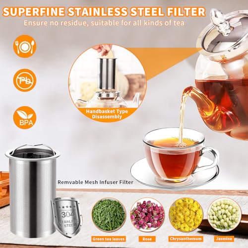 Yoawllty Glass Teapot with Infuser, 1000ml Borosilicate Tea Kittle,Glass Heat Resistant Clear Tea Pot with Infuser Strainer Removable Infuser for Microwavable and Stovetop Safe