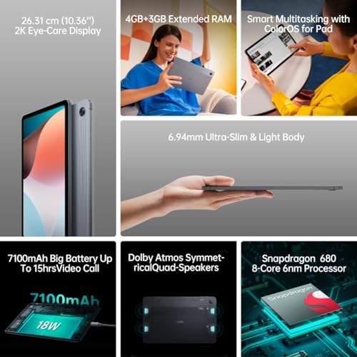 OPPO Pad Air, WiFi 5, 6.94mm Ultra Slim & Light Body, 2K Eye Care Display, Qualcomm Snapdragon 680 8 Core 6nm Processor, Smart Multitasking, 64GB 4GBRAM Grey, Standard