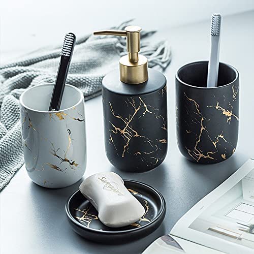 Bathroom Accessories Set, 4 Pcs Complete Marble Bathroom Accessory Modern Decoration Counter-top Organizer Toothbrush Holder Lotion Dispenser Soap Dish Tumbler. (White)
