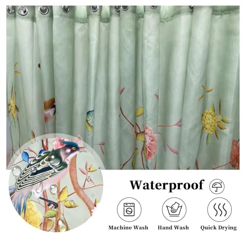 Shower Curtain Green Mould Proof Resistant Waterproof Bird Floral Bathroom Curtains with 12 hooks Quick-Drying Weighted 180x180cm (71x71Inch) Polyester Shower Curtains for Bathroom Wet Room Tub