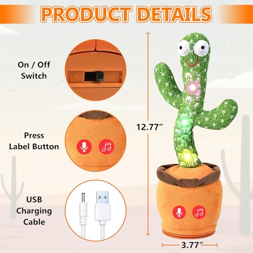 SHAHNARO Dancing Cactus Toy for Kids – Mimicking & Talking Cactus Toy Repeats What You Say – 120 Songs, 15s Voice Recorder, LED Light-Up, Funny Dancing Toy Plush in Pot - Gift for Toddlers & Adults