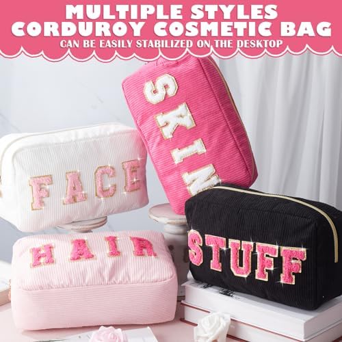 Pinkunn 4 Pcs Preppy Makeup Bags Christmas Chenille Letter Bag Face Skin Hair Stuff Cosmetic Bag Corduroy Makeup Pouch with Zipper Birthday Gifts for Women(Purple, Pink, White, Blue,Corduroy)