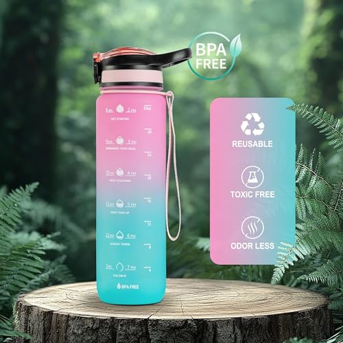 Water Bottle 1L / 32oz with Motivational Time Marker Straw Strainer SK Tritan Plastic BPA Free Sport Water Bottles for kids Fitness Gym Office Outdoor Sports and Exercise | Leak Proof (Pink & Blue)