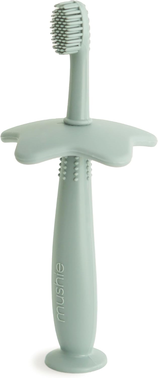 Flower Training Toothbrush for Toddlers- Gentle Gum Stimulation & Choking Prevention - Soft Silicone Bristles & Suction Base with Removable Safety Guard - Soft Lilac - Star (Cambridge Blue)