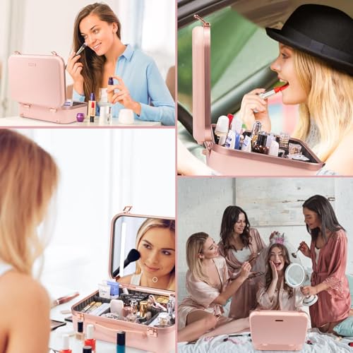 NALACAL Makeup Travel Lighted Case with Large LED Light Mirror Bag Organizer Professional Adjustable Divider Storage Waterproof Portable Makeup Train Box Accessories and Tools Case