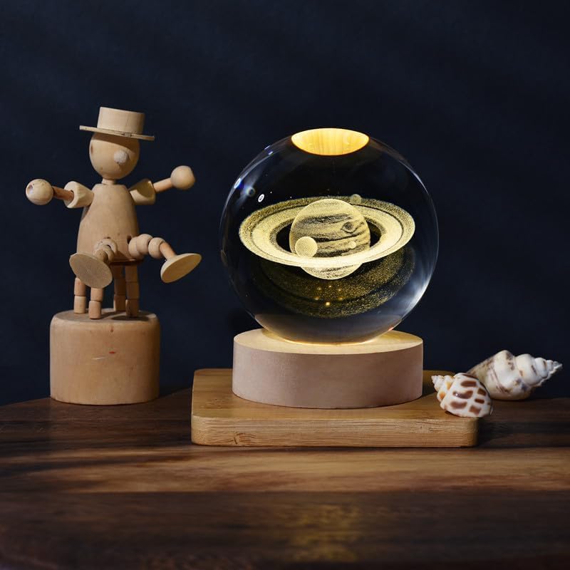 EETU Crystal Glass Ball Night Light,3D Solar System Nightlight Wooden LED Display Base Stand Home Decor Birthday Gifts Decorations Lamp Funny Table Lamp Warm Light for Kids (Saturn (planet))