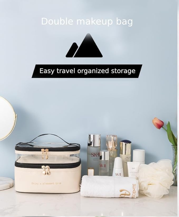 ORiTi Double Layer Makeup Bag Solid Color PU Transparent Wash Bag Portable INS Fashionable waterproof Travel Portable large capacity Storage Bag - Beige