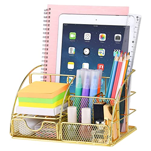 Benting Desk Organizer Office Accessories, Multi-Functional Mesh Desk Organizer with 5 Compartments and 1 Drawer for Home, Office, School, Workshop, kitchen (White)