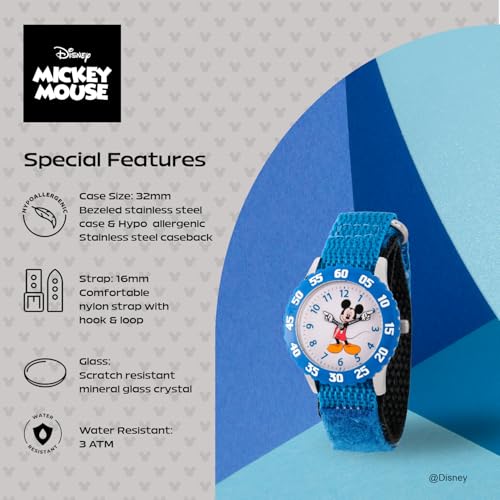 Disney Mickey Mouse Kids' Bezel Stainless Steel Time Teacher Analog Nylon Strap Watch