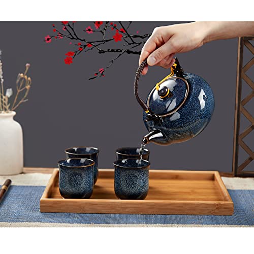 DUJUST Japanese Tea Set for 6, Kiln Altered Glaze Porcelain Tea Set with 1 Teapot, 6 Tea Cups & 1 Tea Tray, Unique Chinese Tea Sets for Adults/Tea Lovers/Women/Men, Blue