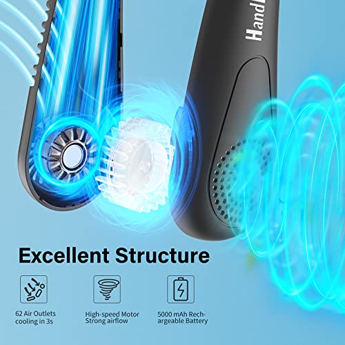 HandFan 5000mAh Portable Neck Fan, Bladeless Wearable Personal Fan, Rechargeable Neckband Fan, Max 21H Working Time, Hands Free, Headphone Design, 4 Speeds, for Travel, Hiking, Outdoors (Black-a)