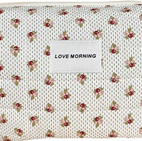 Juoxeepy Cotton Makeup Bag Large Travel Cosmetic Bag Quilted Cosmetic Pouch Coquette Aesthetic Floral Toiletry Bag, A-White, 10x5.9x5.3in