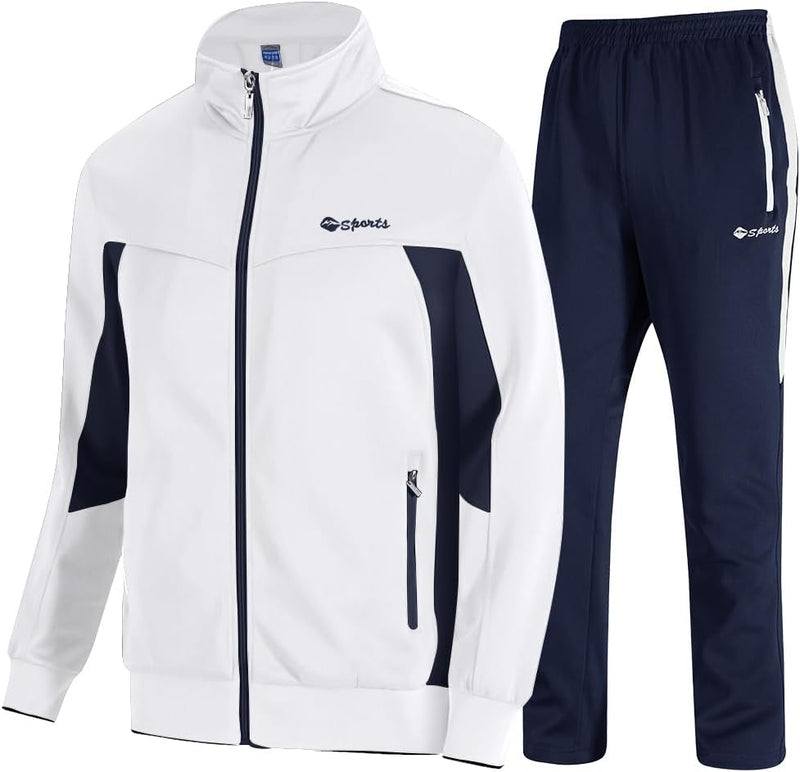Men's Tracksuit, 2-Piece Set, Casual, Athletic Sweat Suit with Full Zipper, for Jogging, Warm-Up - 03 White+darl Blue