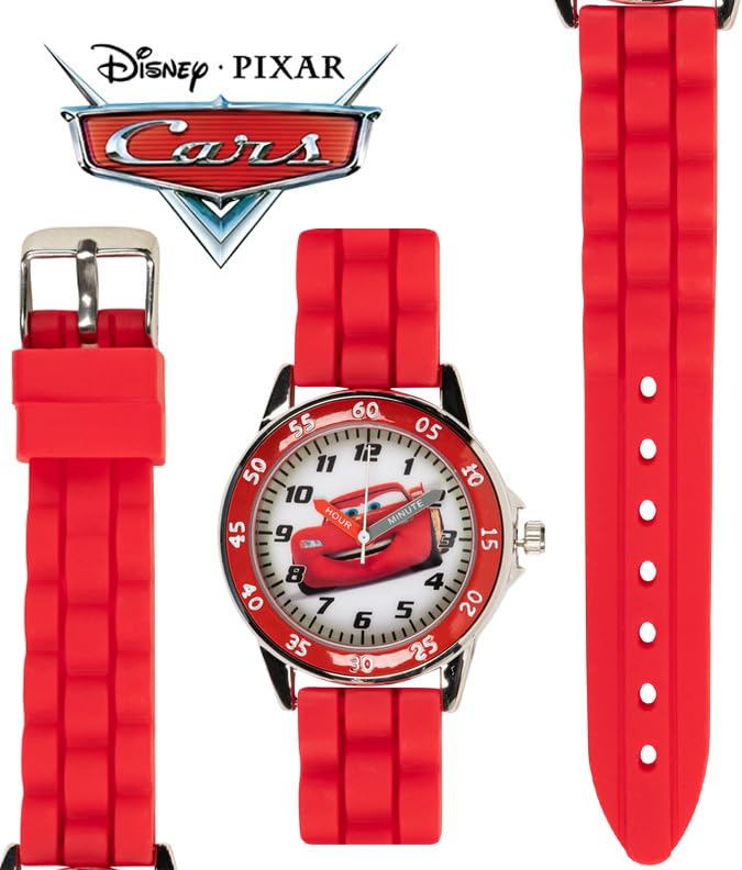 ACCUTIME Cars Kids' Analogue Watch with Silver-Tone Casing, Red Bezel, Red Strap - Official Cars Lightning McQueen Character on the Dial, Time-Teacher Watch, Safe for Children - Model: CZ1009