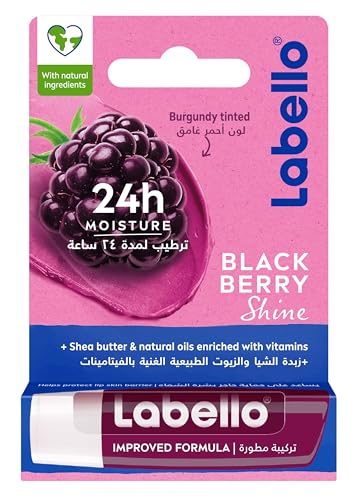 Labello Blackberry Shine Lip Balm, 24H Melt-In Moisture, with Shea Butter and Natural Oils Enriched with Vitamins, with Natural Ingredients, Mineral Oil Free, Vegan, 4.8g