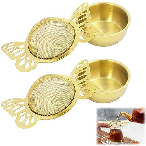 SYOSI 2 Pieces Tea Strainers with Drip Bowl, Fine Mesh Stainless Steel Loose Leaf Tea Filter with Butterfly Handle Reusable Tea Interval Diffuser for Loose Leaf Coffee Herbal Spice Juice Filter (Gold)