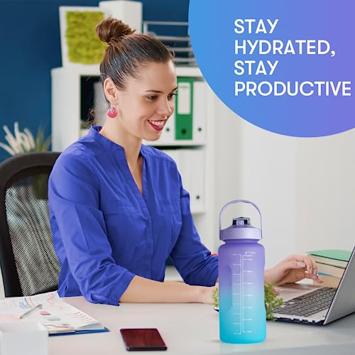 BPA 3 Pack Sport Healthy Water Bottle 2L+900ml+500ml Motivational Time Marker,Straw,Phone Holder, Plastic, Adults Kids Fitness Office Gym Home Outdoor School Exercise Protein shake Leak Proof (Blue)