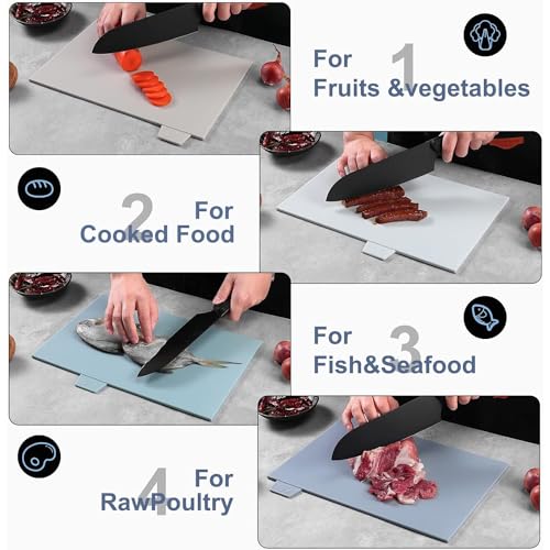 Aputue Plastic Cutting Board Set, 4 Pcs Extra Thick Colour Coded Cutting Boards with Food Preparation Indicators & Storage Stand, Non-slip, Easy To Clean, Dishwasher Safe Cutting Boards For Kitchen