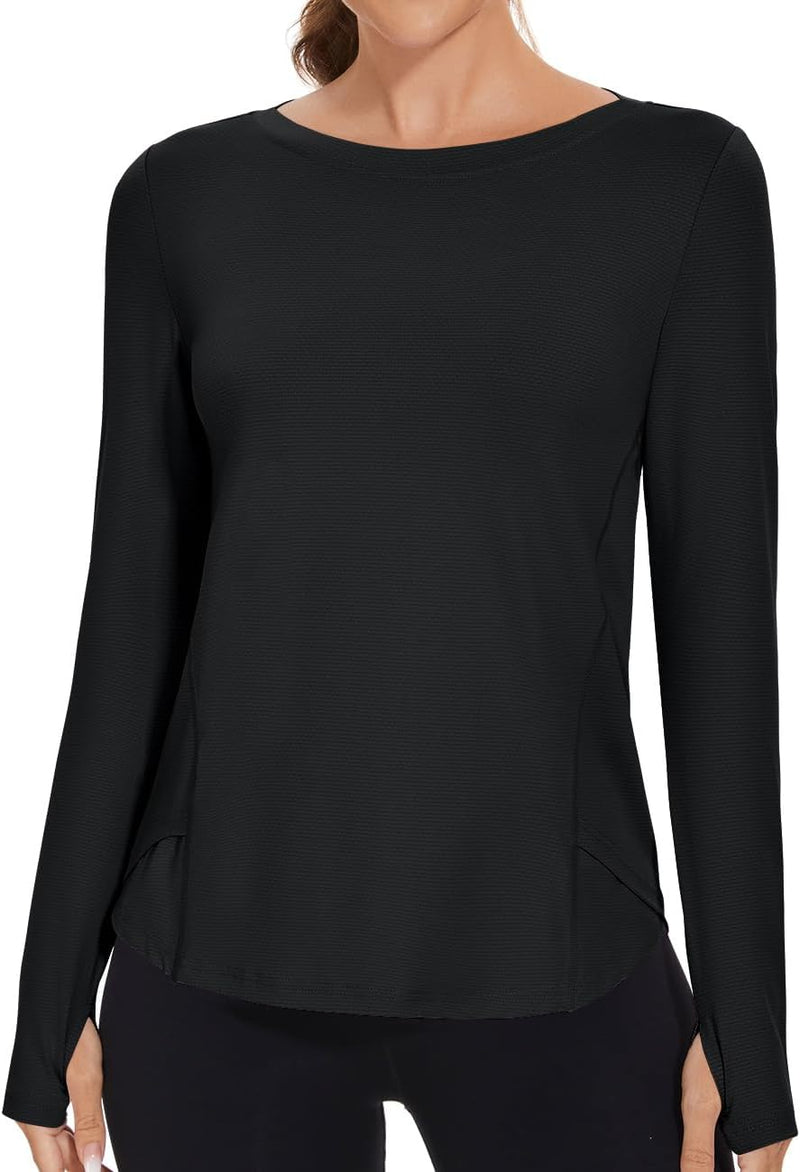 Rapbin Women's UPF 50+ Sun Protection T-Shirts Long Sleeve Boat Neck Workout Lightweight Quick Dry Top with Thumb Hole
