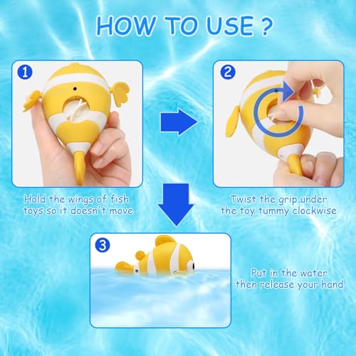 TERRIFI Baby Bath Toys, Wind-Up Paddling Pool Toys for 1-3 Year Olds, Floating Swimming Clownfish, Clockwork Water Toys Game for Kids, Toddler Girls and Boys, Bath Time Shower Gifts