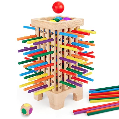 TOYBY Wooden Board Game Montessori Toys, 42 Colourful Sticks Dice Game Math Educational Toy, Family Fun Ball Dropping Game, 1 to 6 Players Fine Motor Skills Travel Games for 3 4 5 6 Years Old Boy Girl