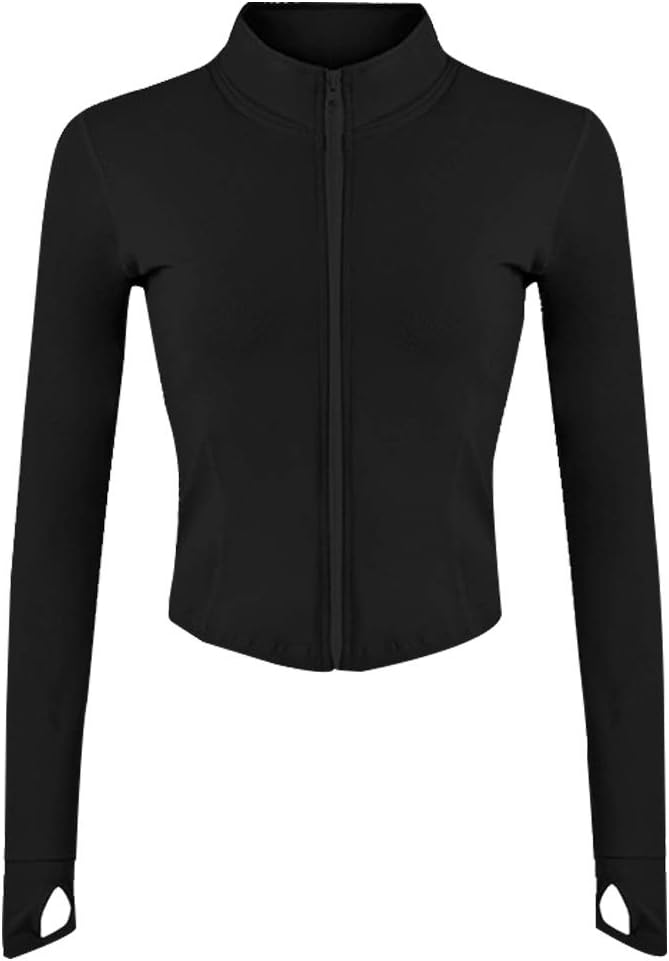 Women's Athletic Full Zip Lightweight Workout Jacket with Thumb Holes - black