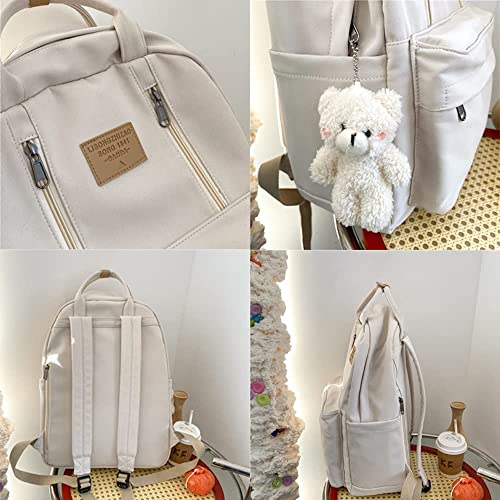 AONUOWE Preppy Backpack with Plushies Cute Backpack for Teen Girls Light Academia Bookbags Solid Aesthetic School Bag