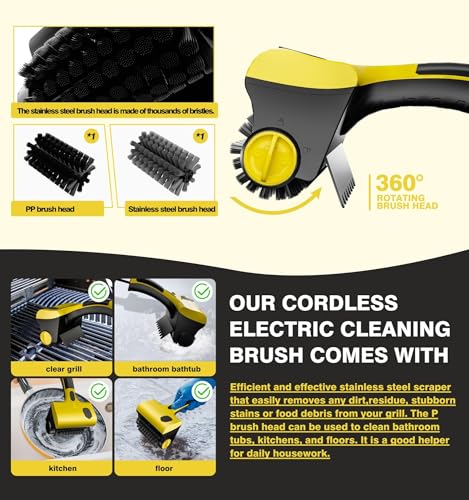 Cordless Electric Grill Brush, 2 in 1 Rechargeable Grill Cleaning Scrub Brush with 360° Rotating Cleaner Brush Head, 2 Speed Adjustable, Sprayable, for BBQ Grill Bathroom and Kitchen