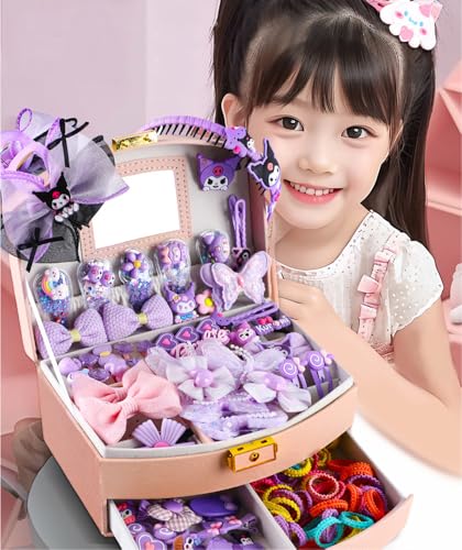 Hair Accessories for Girls, Purple Kuromi Hair Accessories Set including Hair Clips, Hair Ties, Hair Barrettes and Bows with Storage Box, Hair Accessories Gift Box for Kids Age 3-10 (KLM-03)