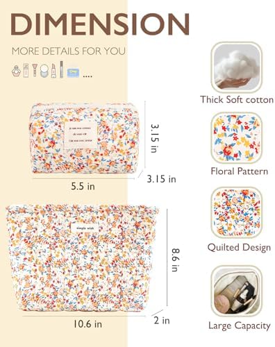 Sminra Floral Makeup Bag Large Cotton Quilted Cosmetic Makeup Bag Organizer, Aesthetic Portable Pouch Purse Toiletry Bag for Women Girls Travel accessories(Blue Floral-L)