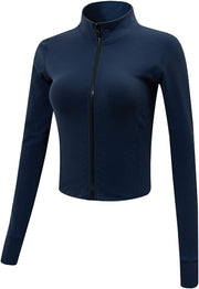Women's Athletic Full Zip Lightweight Workout Jacket with Thumb Holes - navy