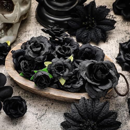 Tazweeq 21 Pcs Flower Hair Clip, Artificial Flower Alligator Clips, Womens Girls Bridal Handmade Artificial Dark Rose Floral Barrettes Hair Clips, Black Hair Accessories (Black)