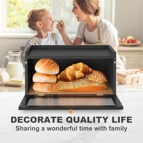 Bread Box for Kitchen Countertop Large Bread Box Farmhouse Bread Container Bread Storage with Window Bread Holder Black